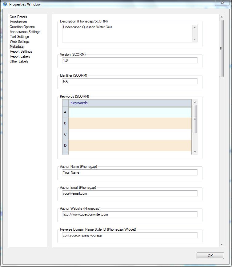 Question Writer Quiz Metadata