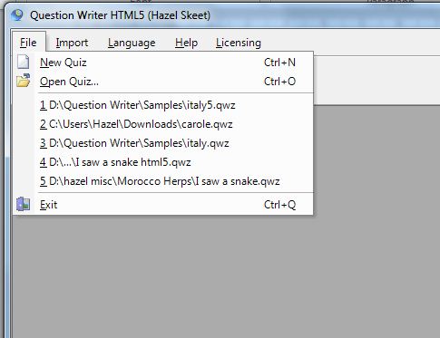 Question Writer File Menu Options at start