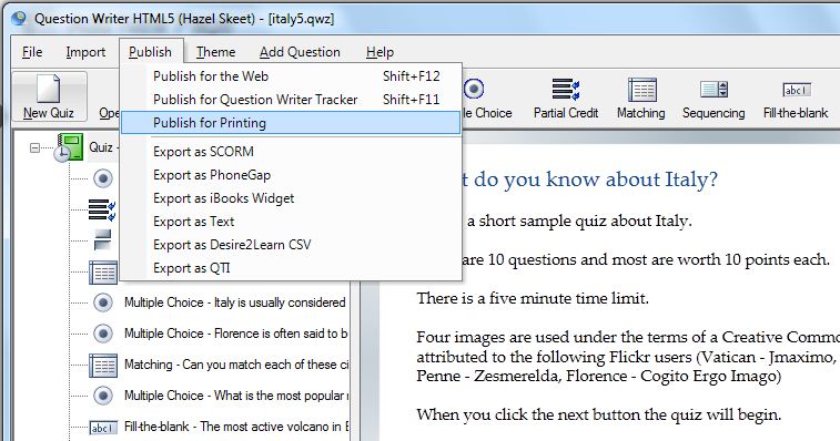 Question Writer Publish for Printing